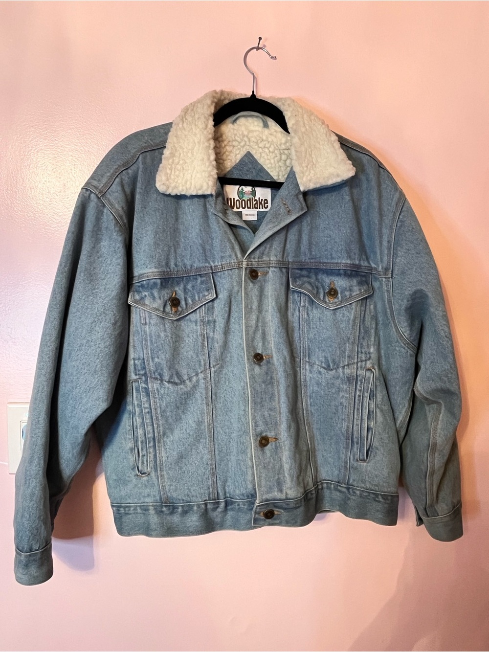 Light Blue Denim Bomber Jacket with Cream Sherpa Collar